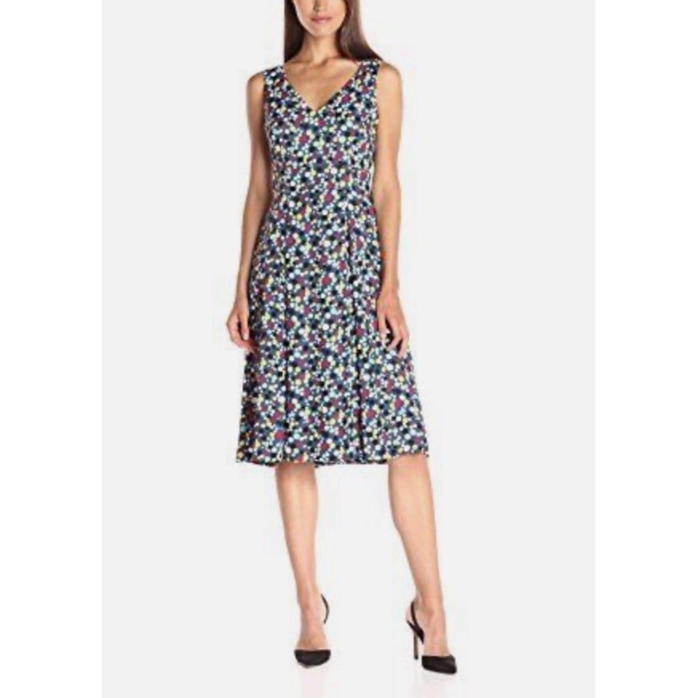 Anne Klein Double-V Canoe Green Combo Dot Pleated Fit & Flare Midi Dress Size 14